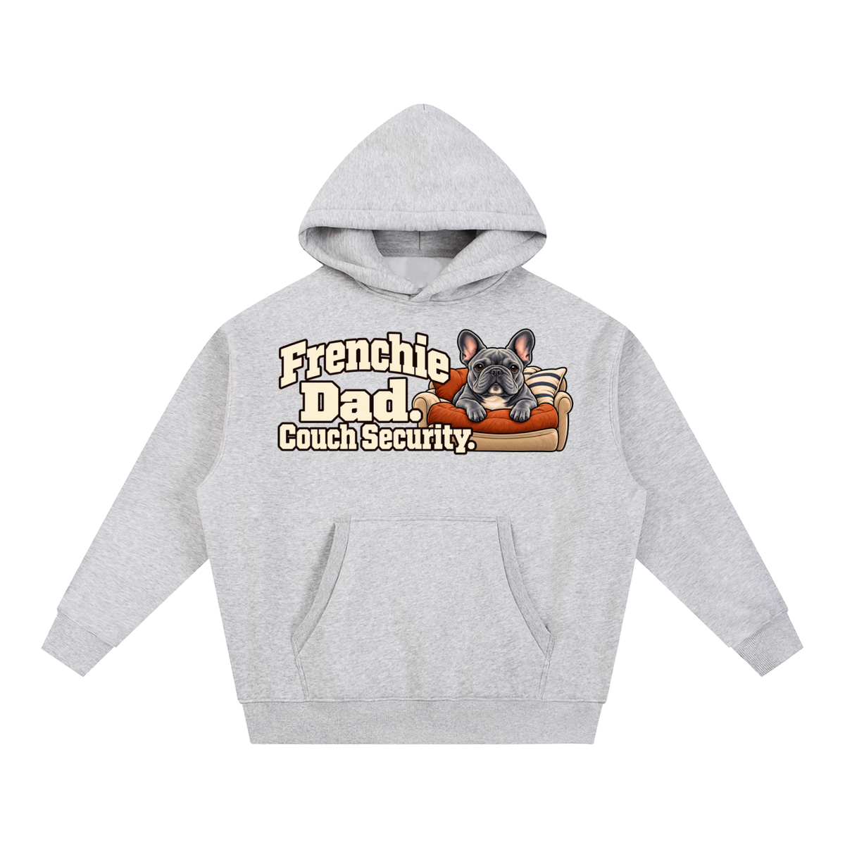 Flower Gray French Bulldog hoodie showing the Frenchie Dad. Couch Security front artwork.