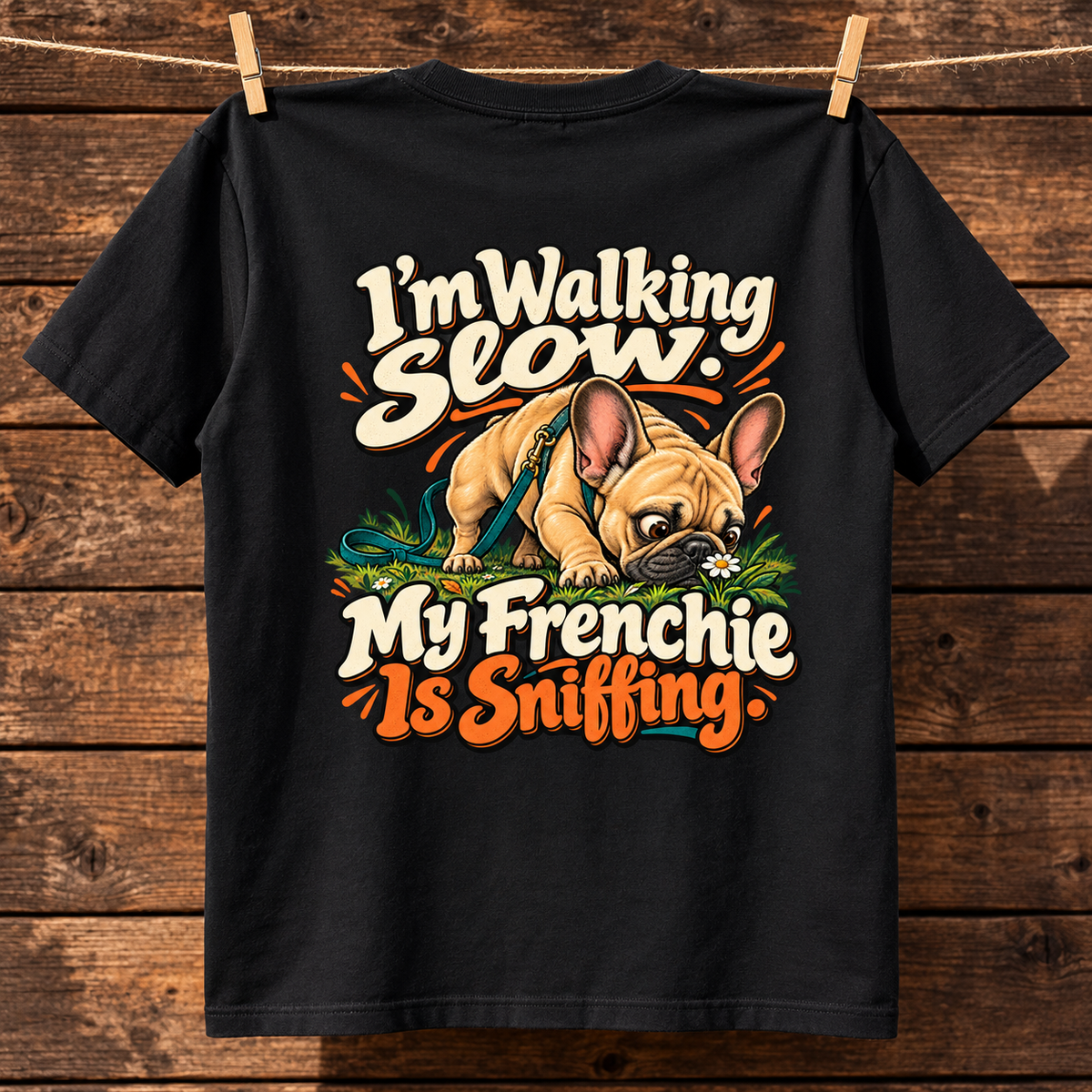 Model wearing a black French Bulldog T-shirt with the I'm Walking Slow. My Frenchie Is Sniffing. artwork on the back