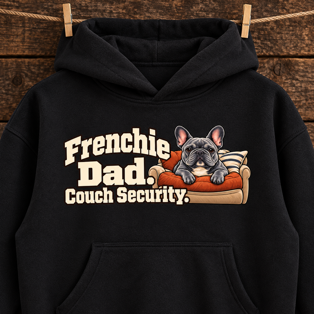 Close-up of the Frenchie Dad. Couch Security front print on a black French Bulldog hoodie.