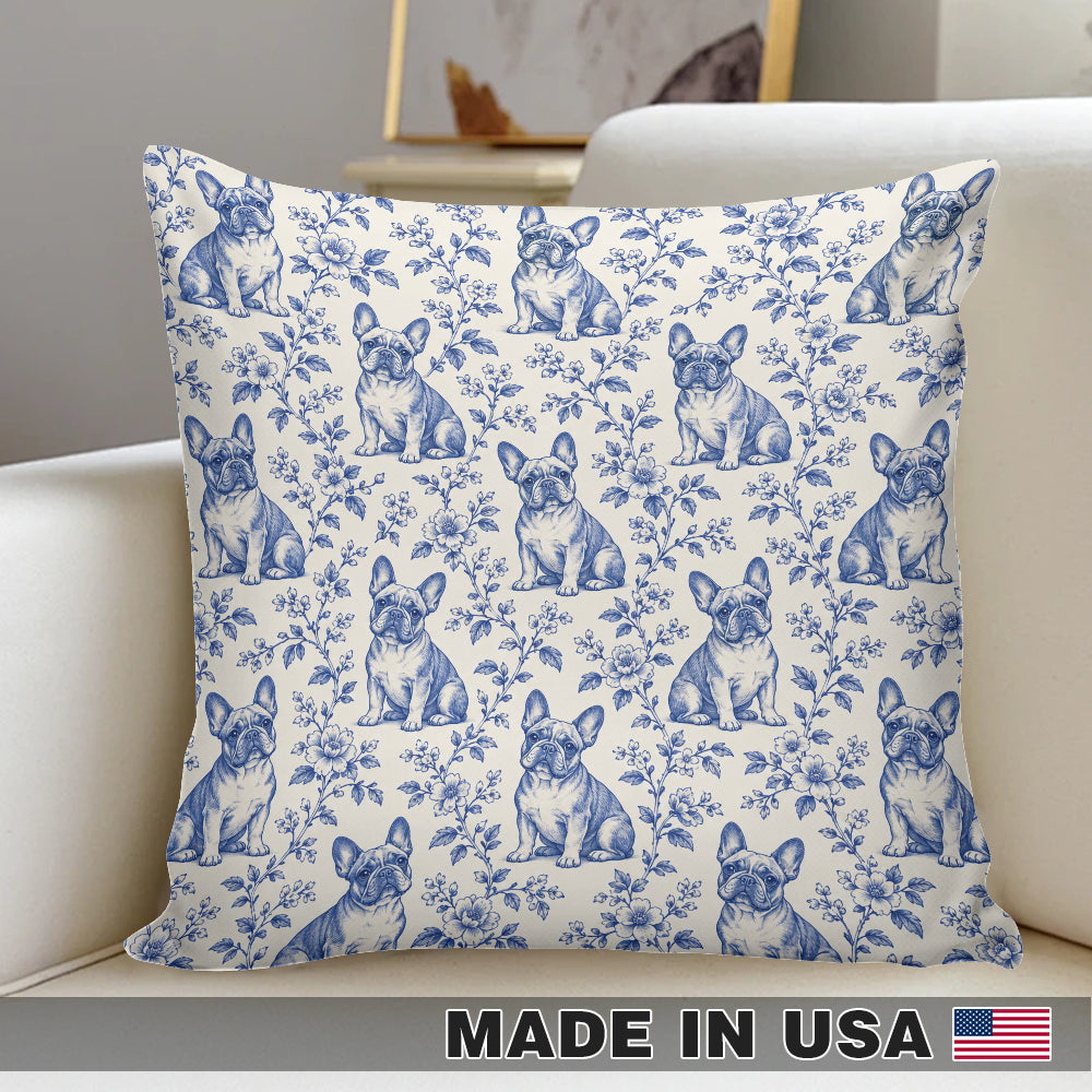 Frenchie Blue Toile Pillow Cover