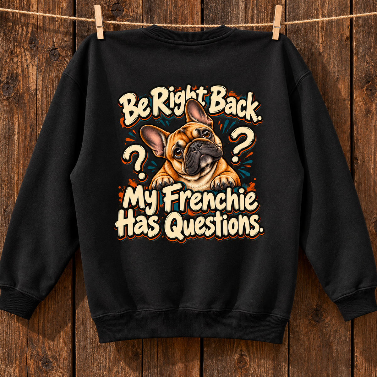 Close-up of Be Right Back. My Frenchie Has Questions. back artwork on a black fleece sweatshirt