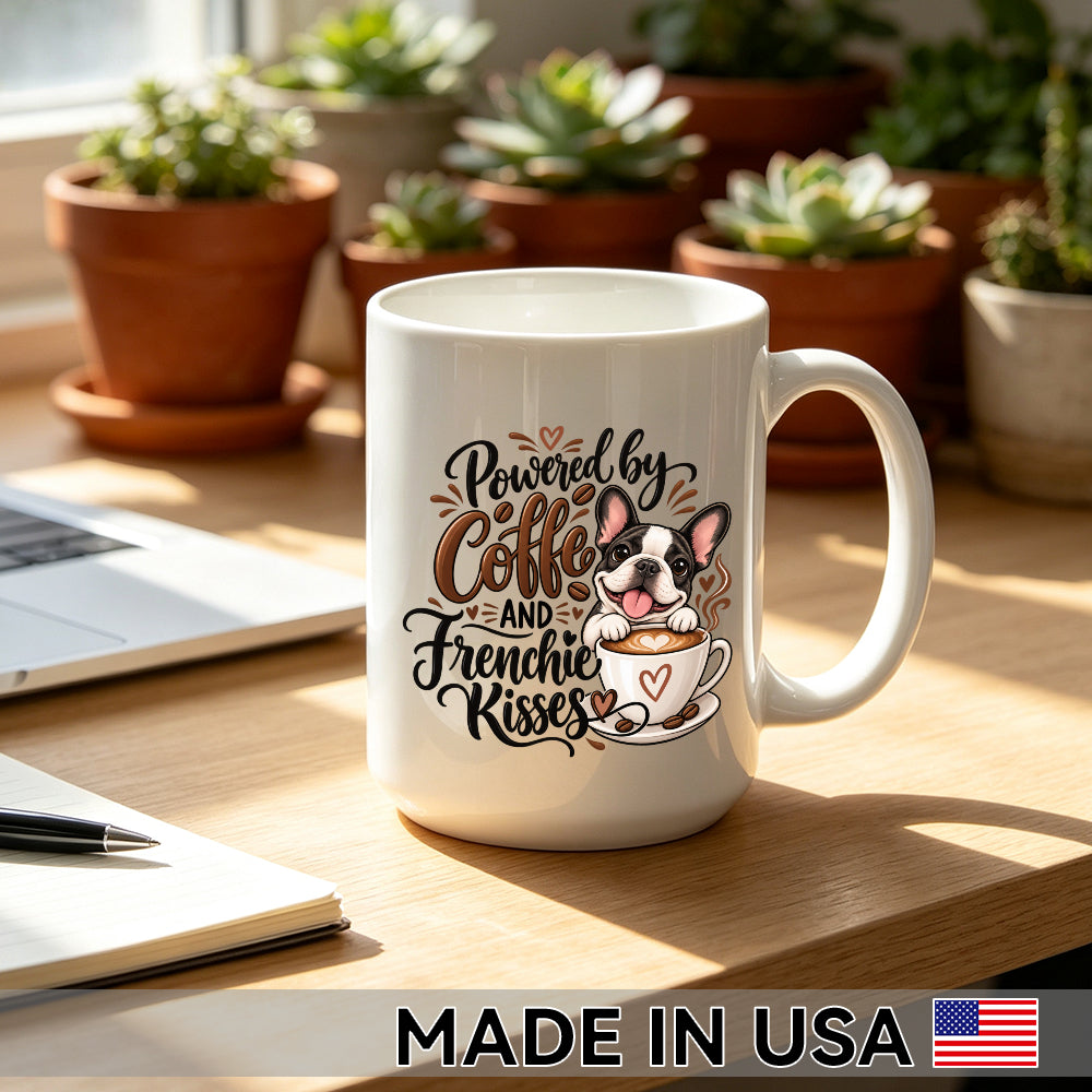 Powered by Coffee and Frenchie Kisses — French Bulldog Mug