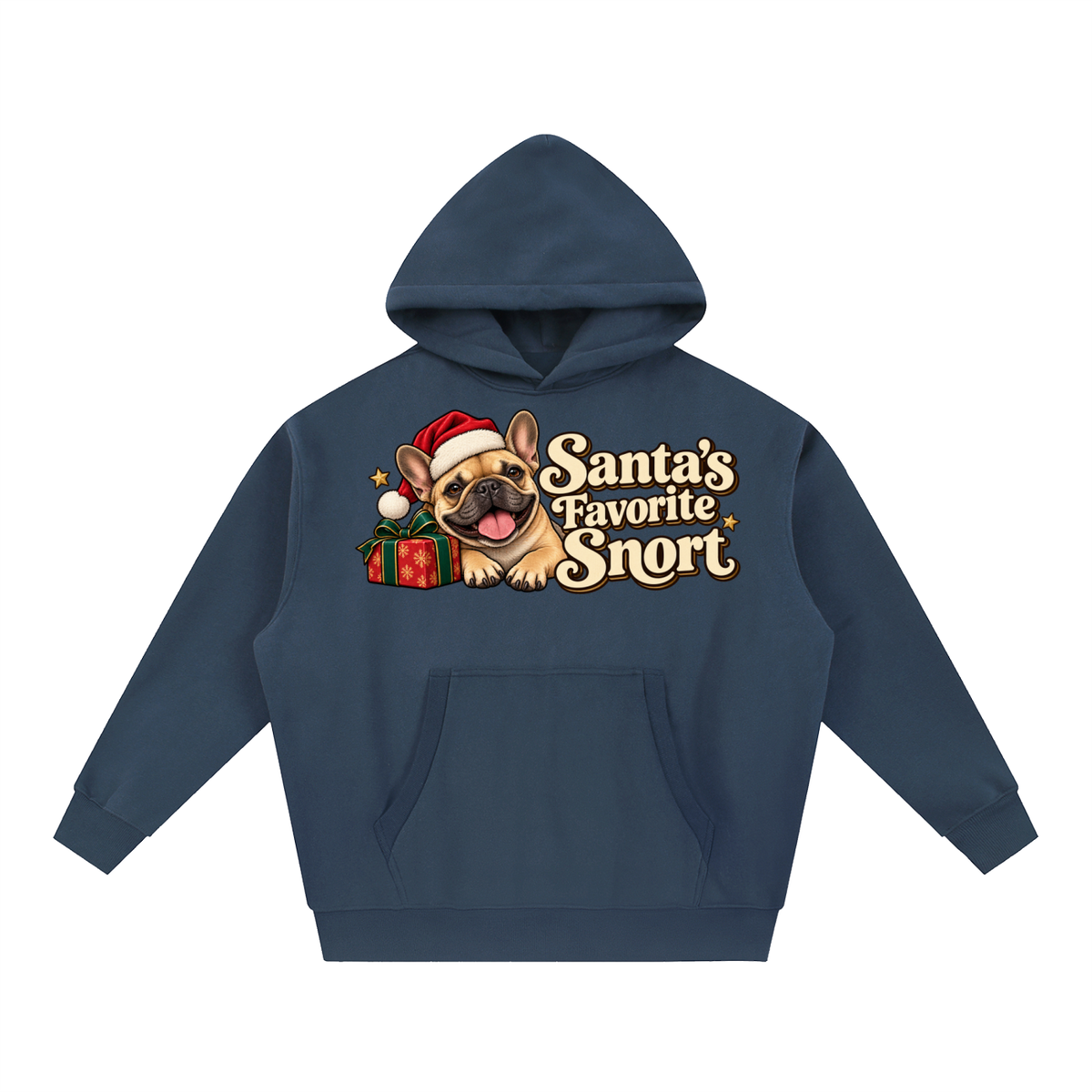 Navy Blue French Bulldog hoodie showing the Santa's Favorite Snort front artwork.