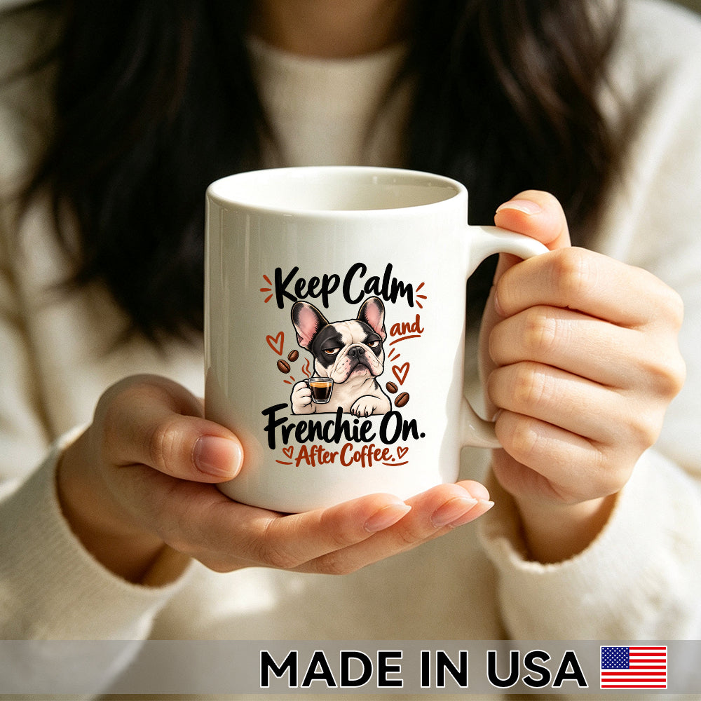 Keep Calm and Frenchie On. After Coffee. — French Bulldog Coffee Mug