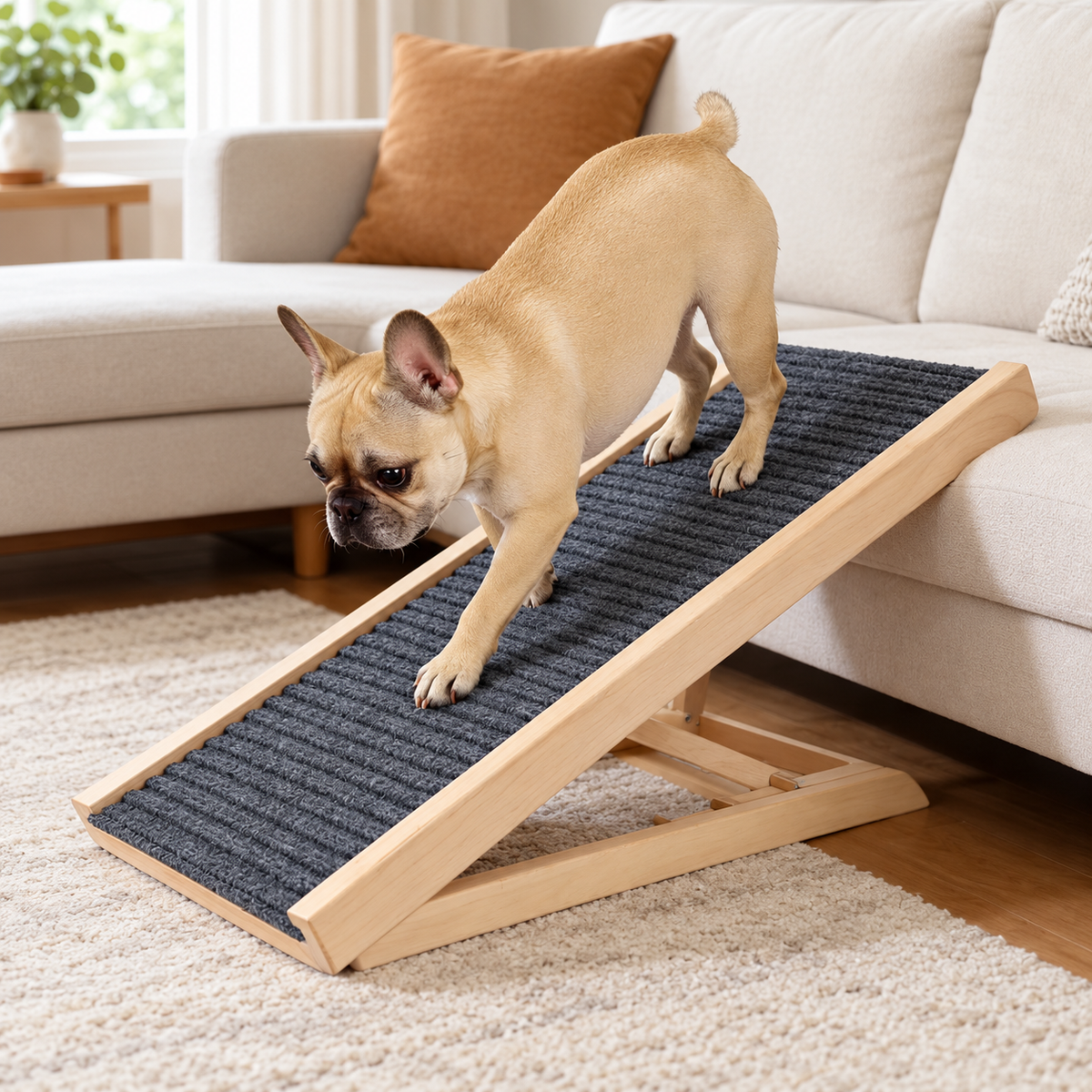 French Bulldog using an adjustable wooden ramp beside a sofa