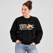 Model wearing a black French Bulldog sweatshirt with I Came. I Saw. My Frenchie Napped. on the front