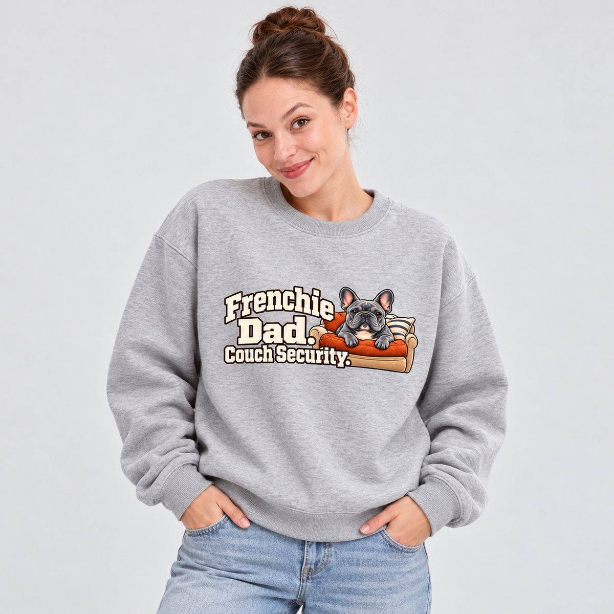 Model wearing a flower gray French Bulldog sweatshirt with Frenchie Dad. Couch Security. on the front