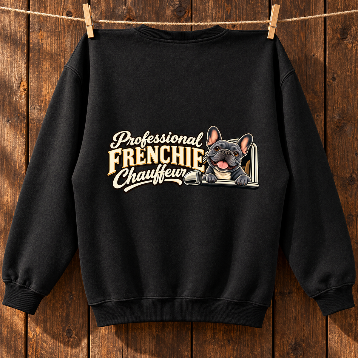 Close-up of Professional Frenchie Chauffeur back artwork on a black fleece sweatshirt