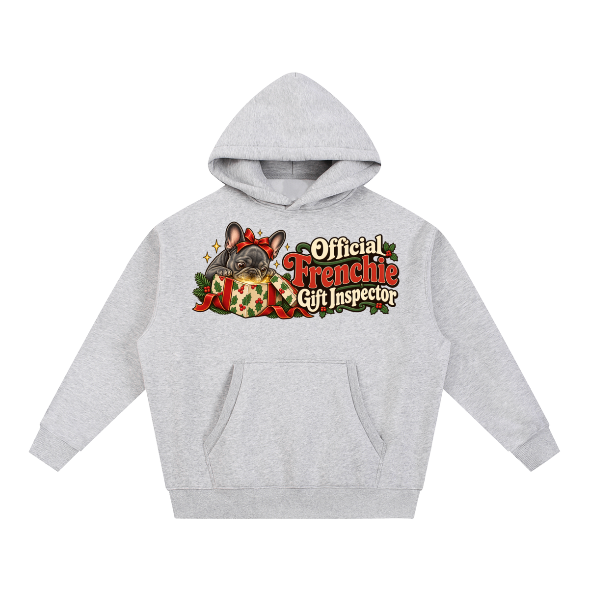 Flower Gray French Bulldog hoodie showing the Official Frenchie Gift Inspector front artwork.