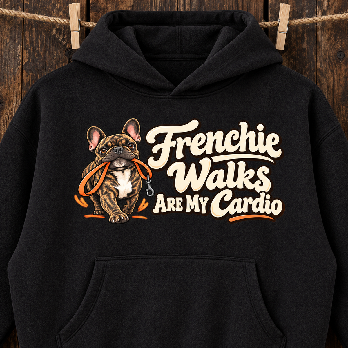 Close-up of the Frenchie Walks Are My Cardio front print on a black French Bulldog hoodie.