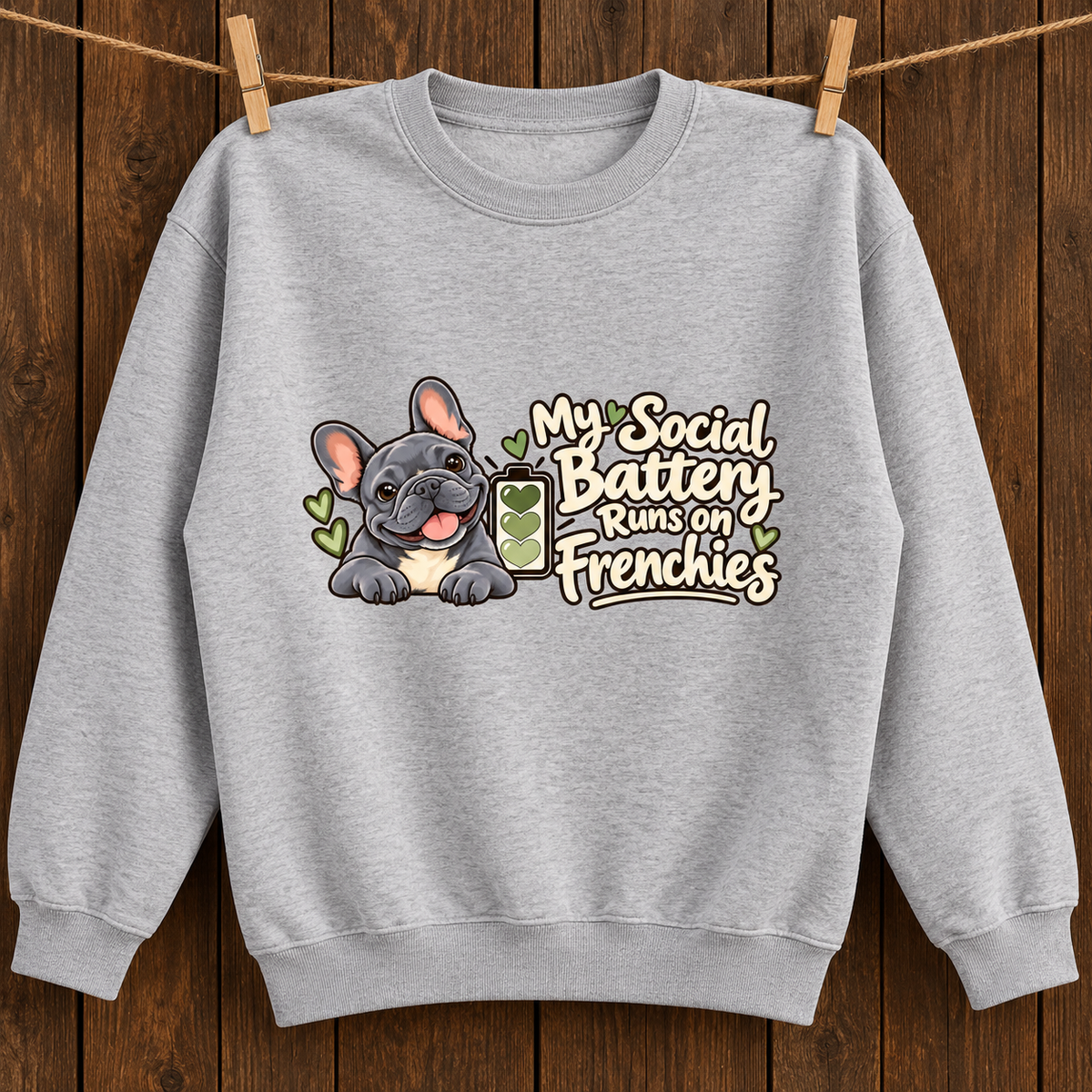 Close-up of My Social Battery Runs on Frenchies front artwork on a flower gray fleece sweatshirt