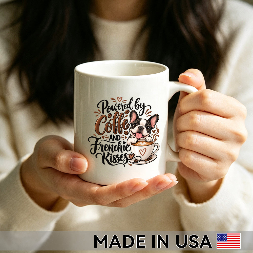 Powered by Coffee and Frenchie Kisses — French Bulldog Mug