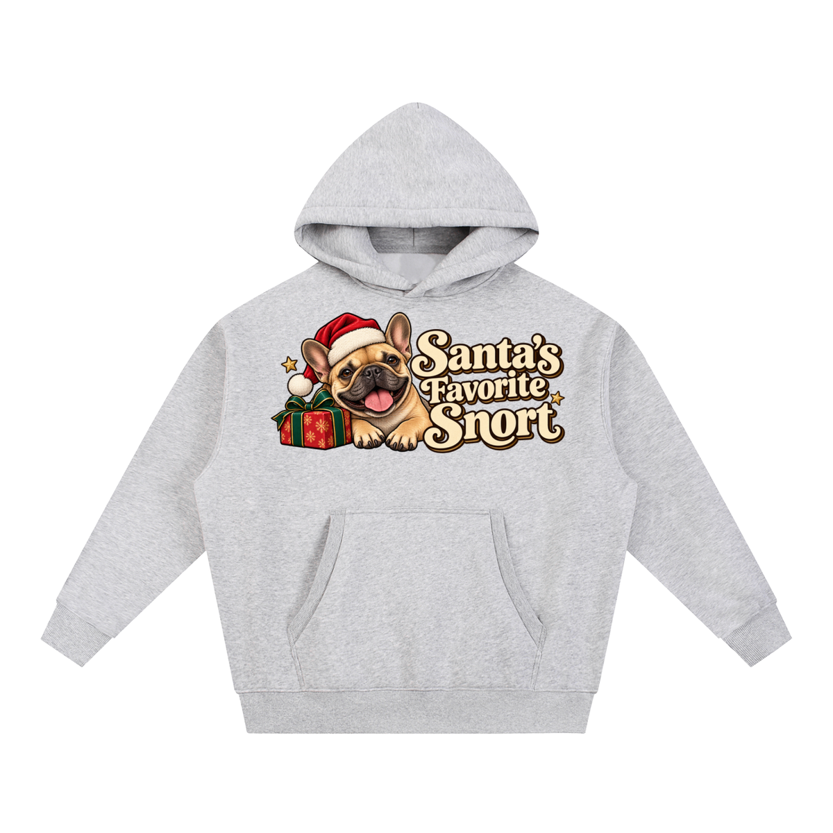 Flower Gray French Bulldog hoodie showing the Santa's Favorite Snort front artwork.