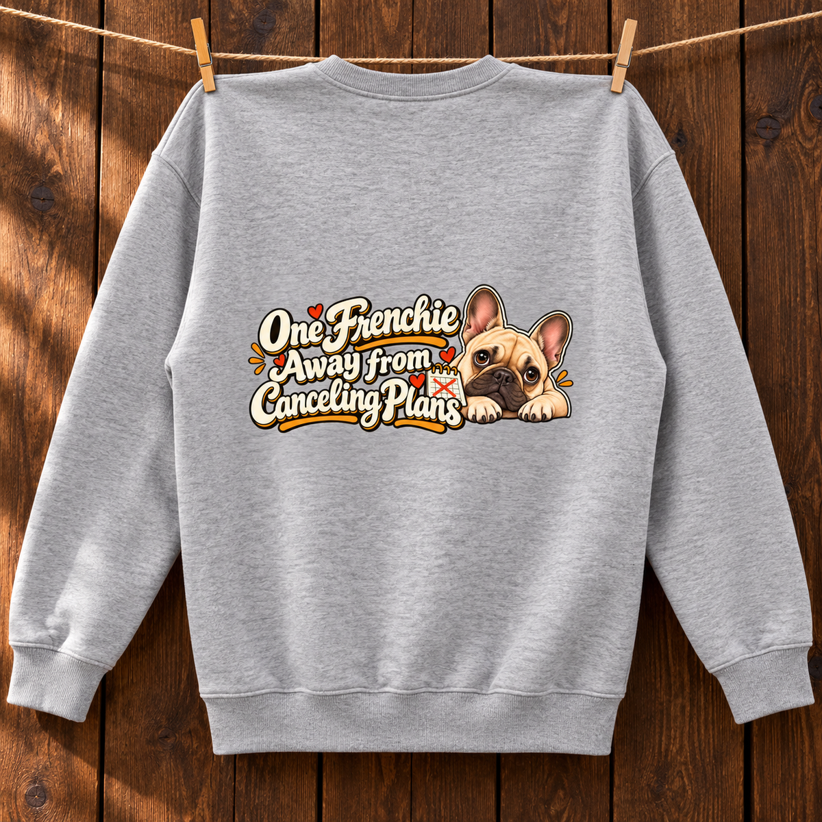 Close-up of One Frenchie Away from Canceling Plans back artwork on a flower gray fleece sweatshirt