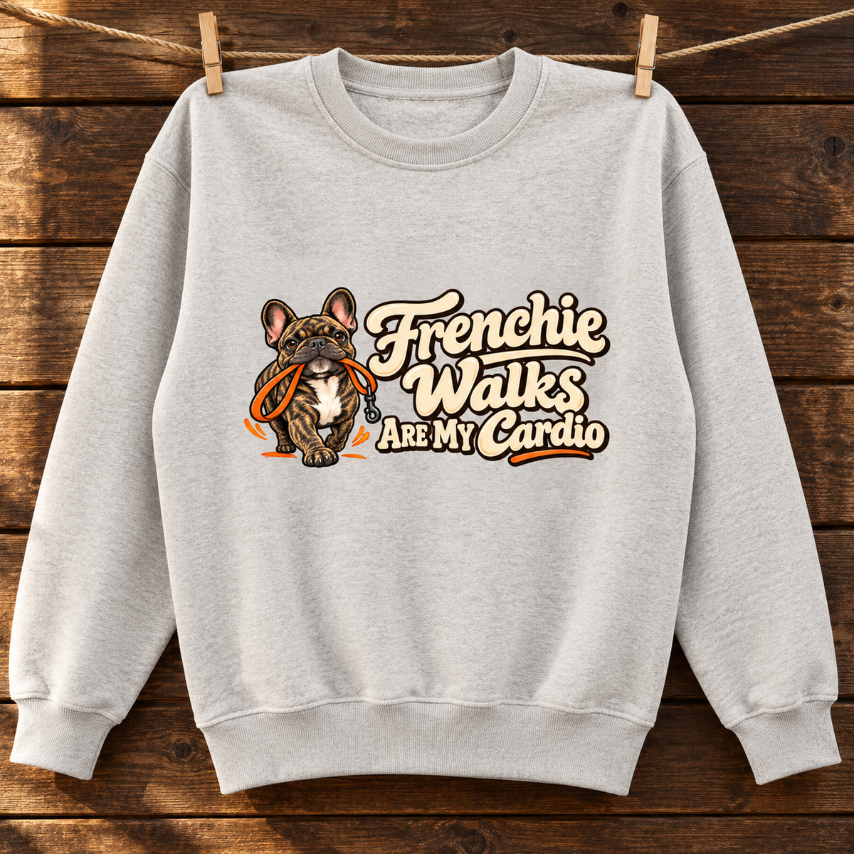 Close-up of Frenchie Walks Are My Cardio front artwork on a oat gray fleece sweatshirt