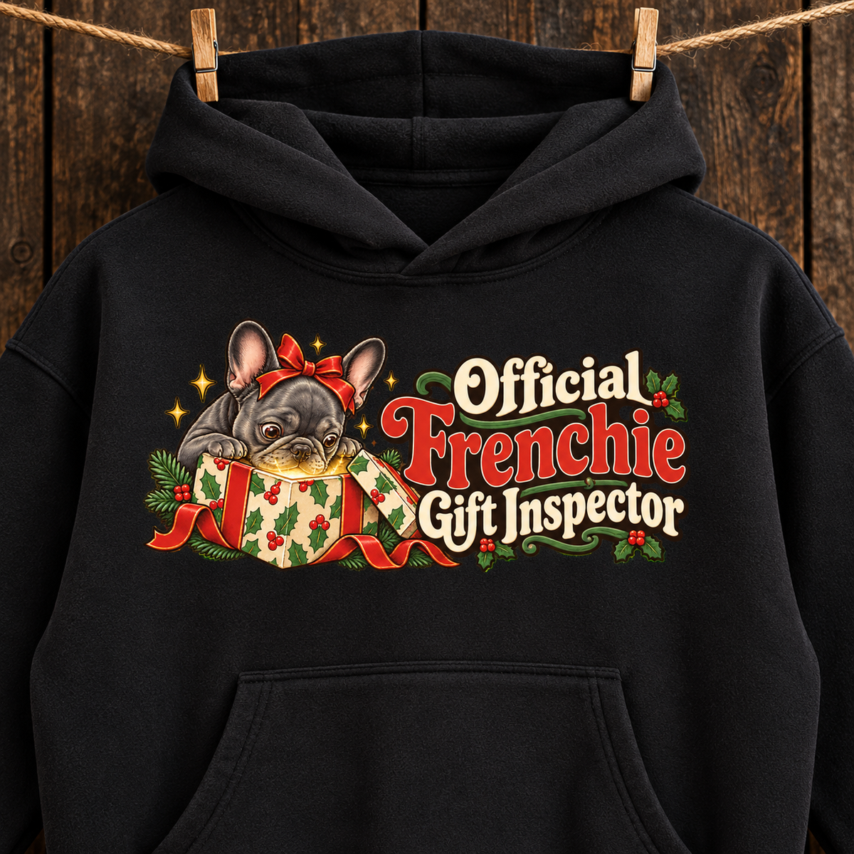Close-up of the Official Frenchie Gift Inspector front print on a black French Bulldog hoodie.