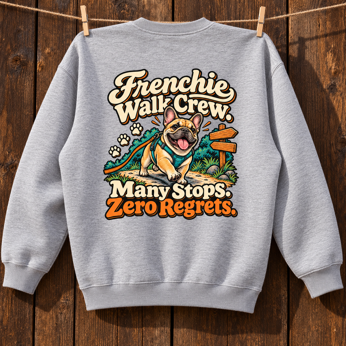 Close-up of Frenchie Walk Crew. Many Stops. Zero Regrets. back artwork on a flower gray fleece sweatshirt