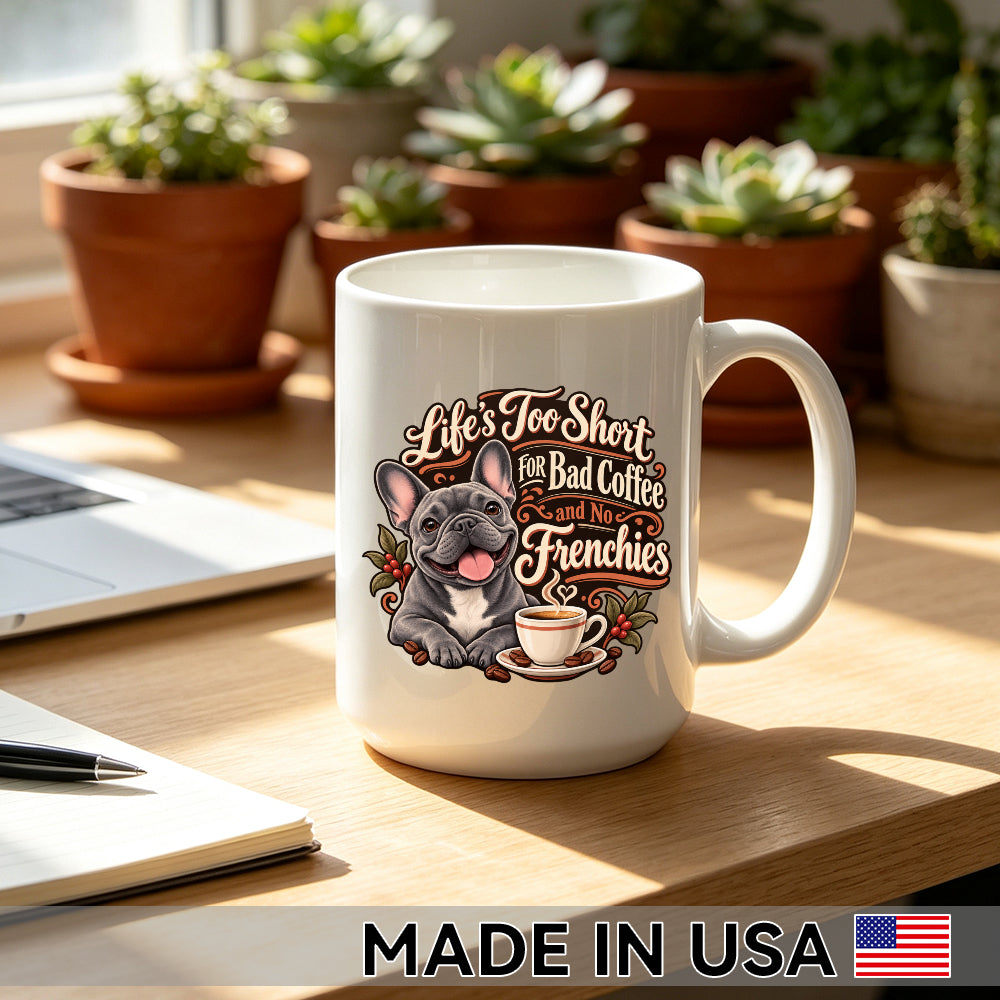 Life's Too Short for Bad Coffee and No Frenchies — French Bulldog Coffee Mug
