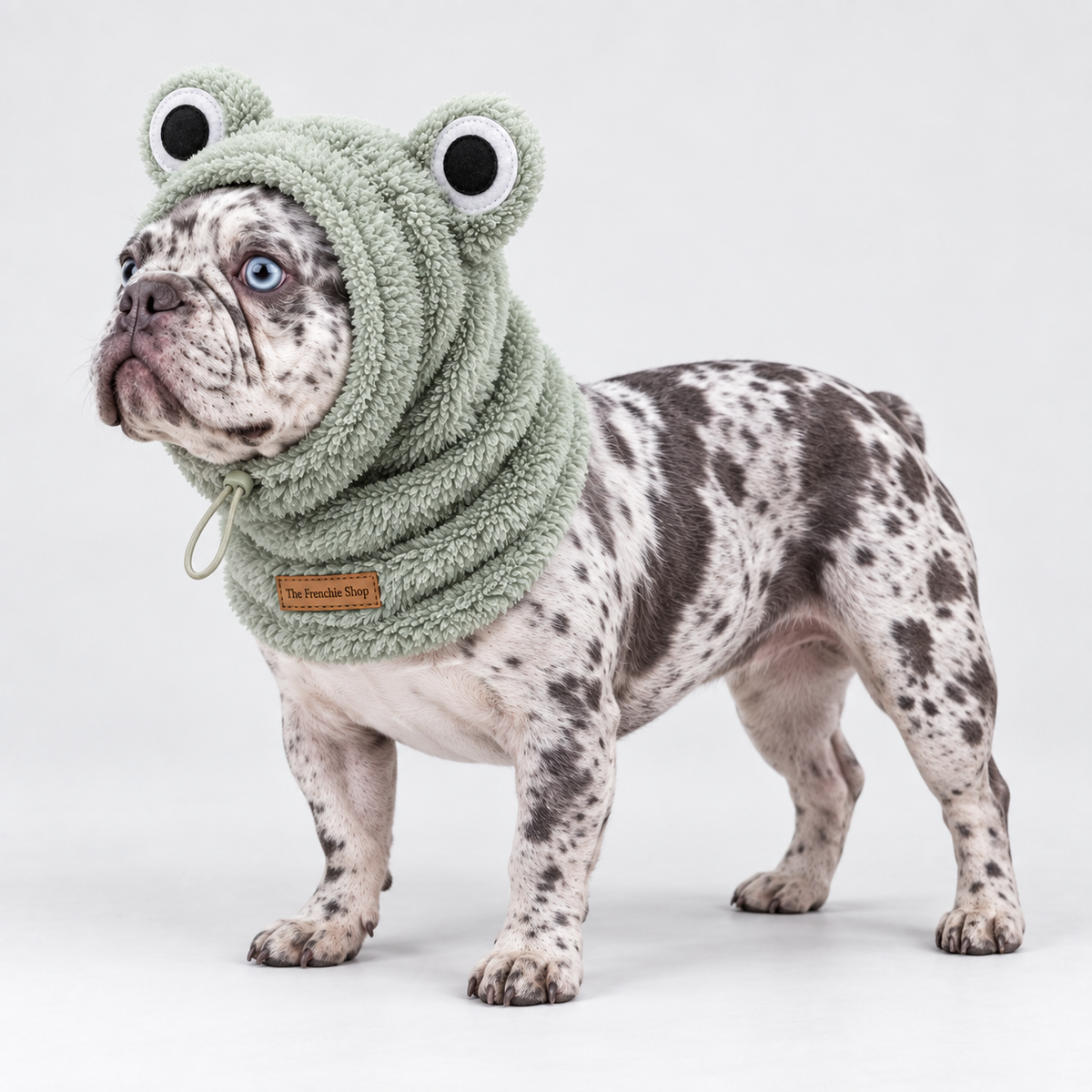 Fleece Sighthound Hood & Neck Warmer — Green Frog — Frenchie wearing product