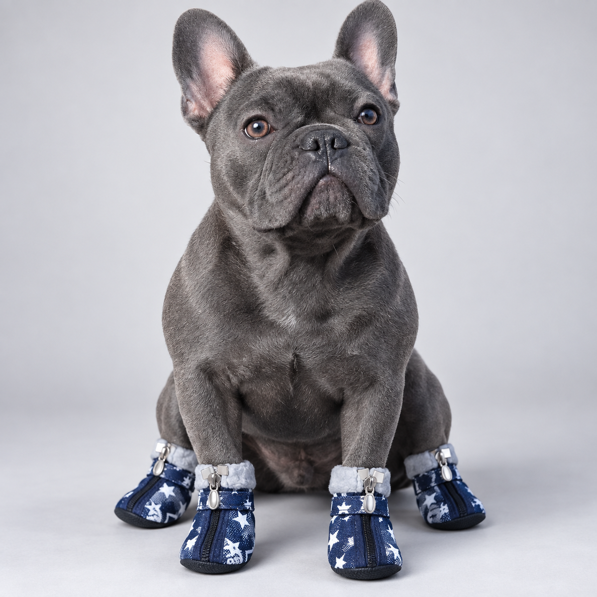 Blue French Bulldog seated in blue fleece-lined dog boots