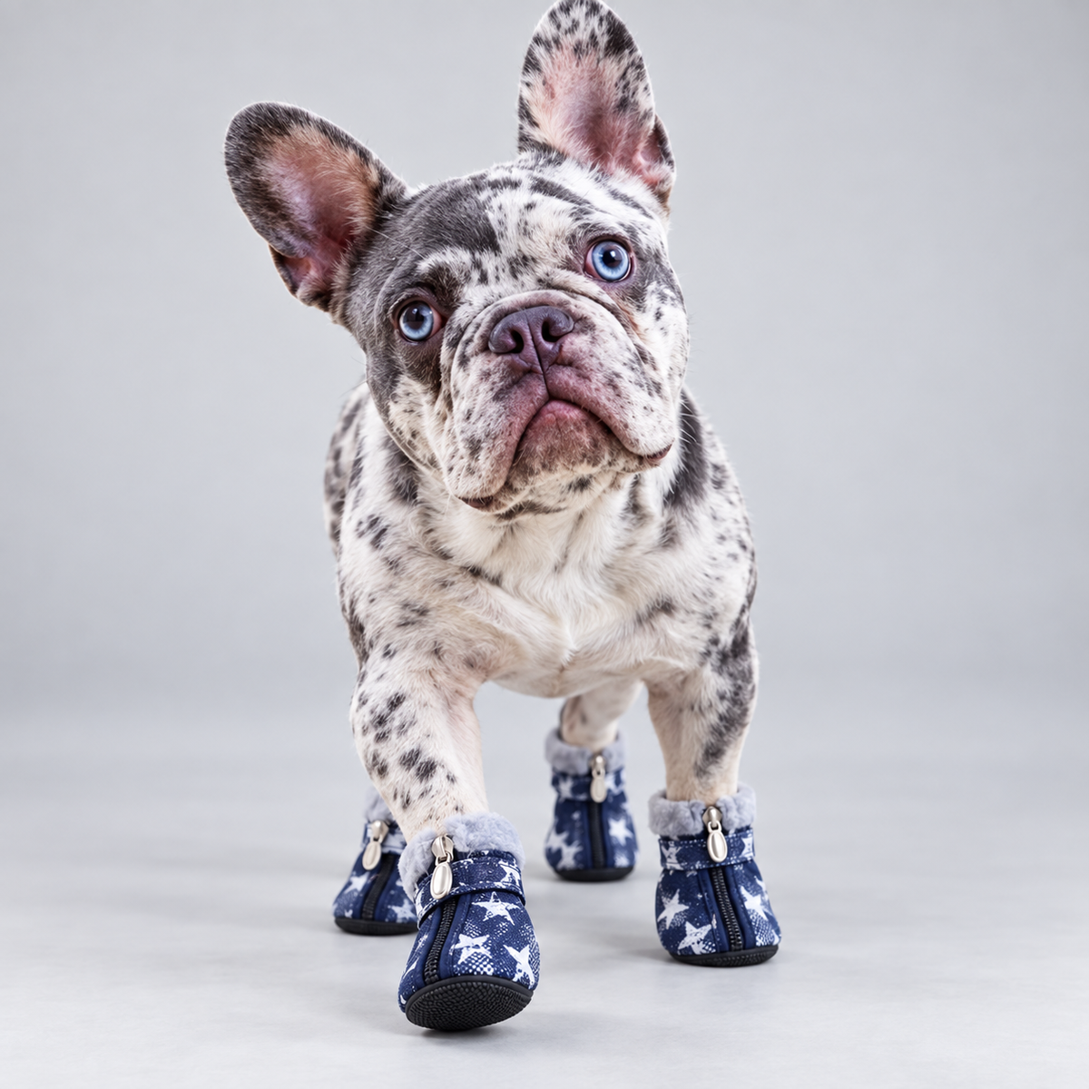 Merle French Bulldog walking forward in blue fleece-lined dog boots
