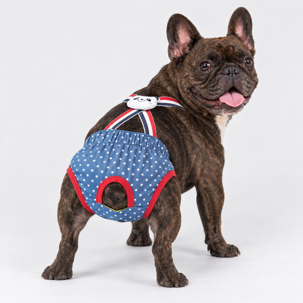 French Bulldog Sanitary Pants - Adjustable Printed Suspenders Green Animals Blue Star