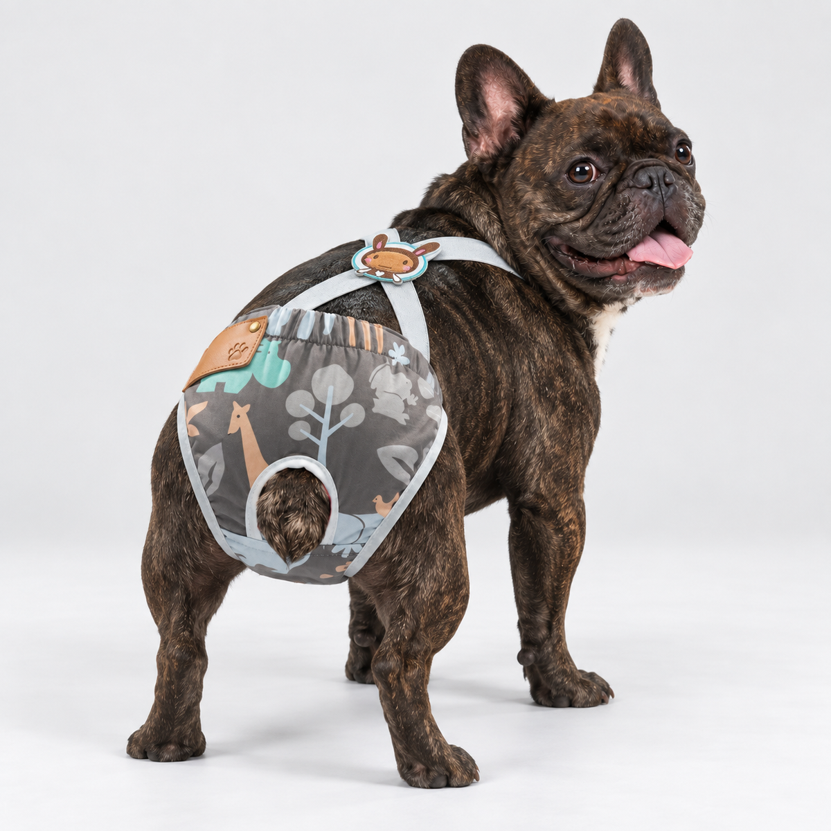 French Bulldog Sanitary Pants - Adjustable Printed Suspenders Green Animals Flock