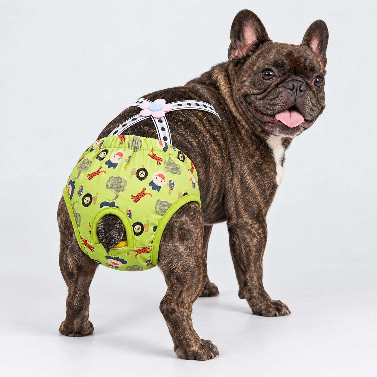 French Bulldog Sanitary Pants - Adjustable Printed Suspenders Green Animals Green Animals