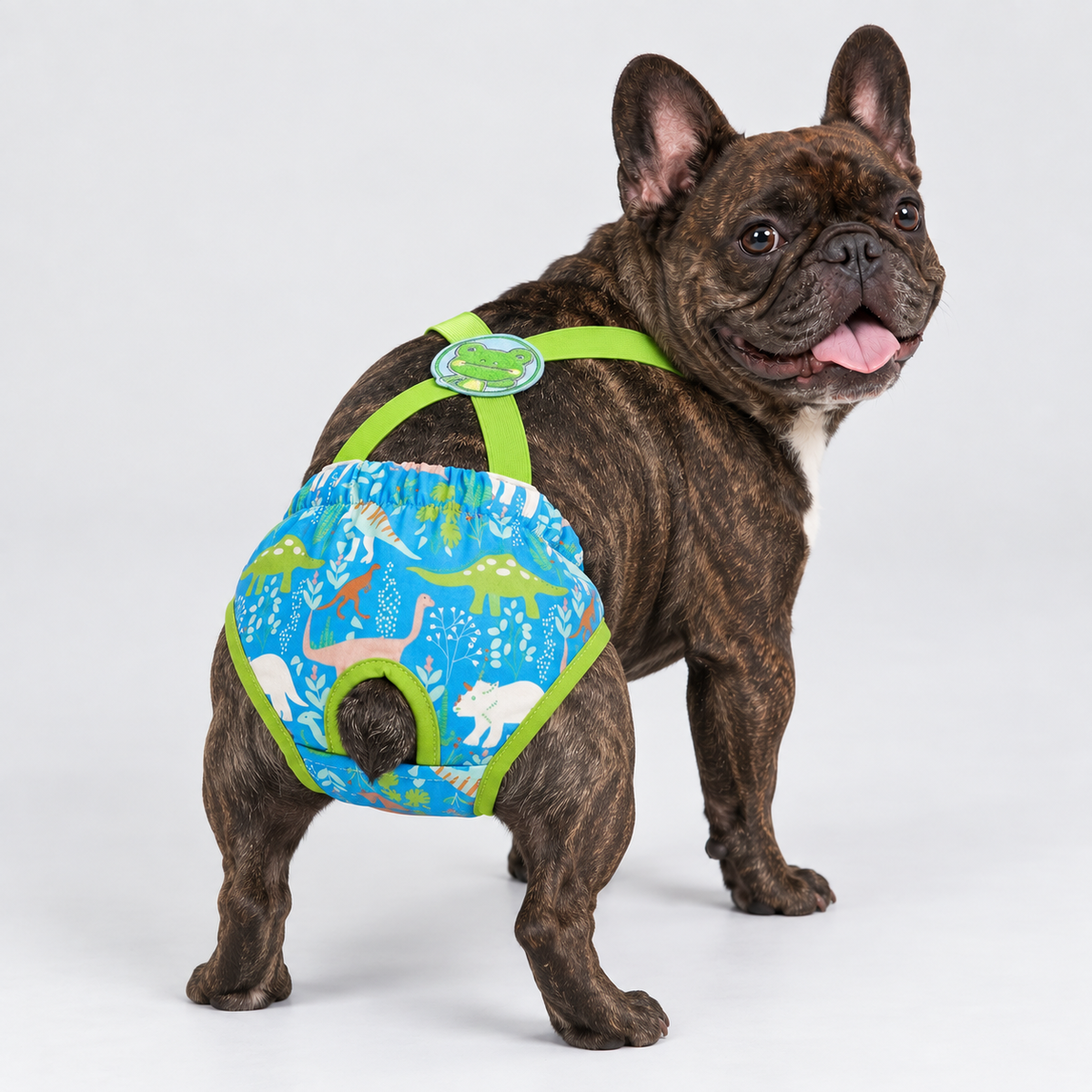French Bulldog Sanitary Pants - Adjustable Printed Suspenders Green Animals Light Blue