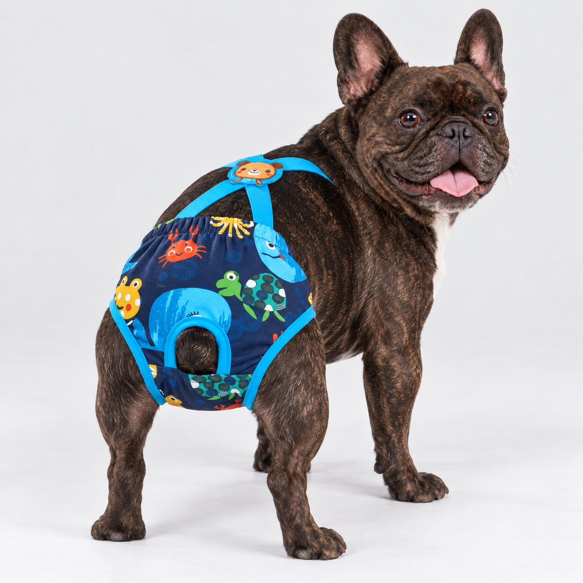 French Bulldog Sanitary Pants - Adjustable Printed Suspenders Green Animals Navy
