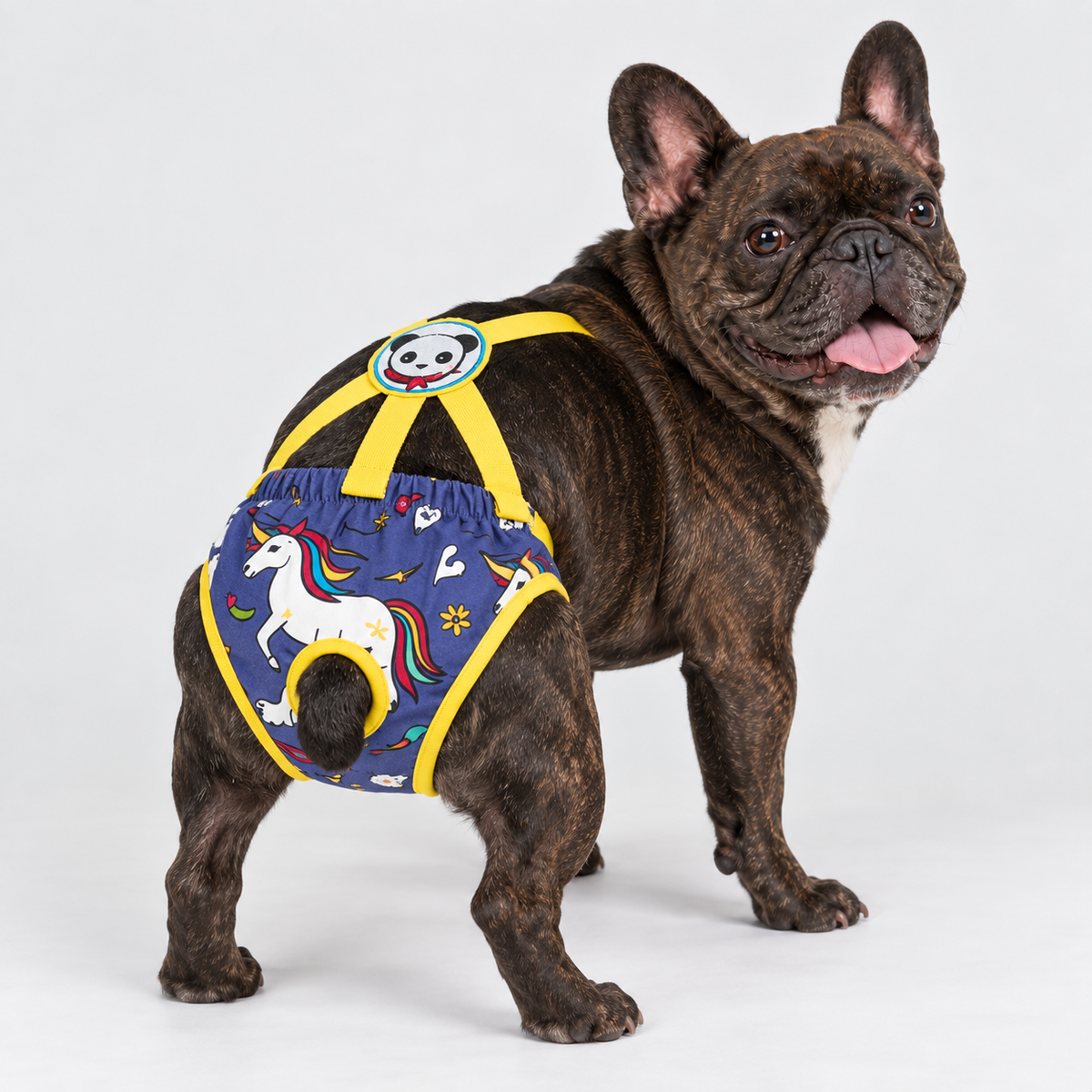 French Bulldog Sanitary Pants - Adjustable Printed Suspenders Green Animals Purple Blue
