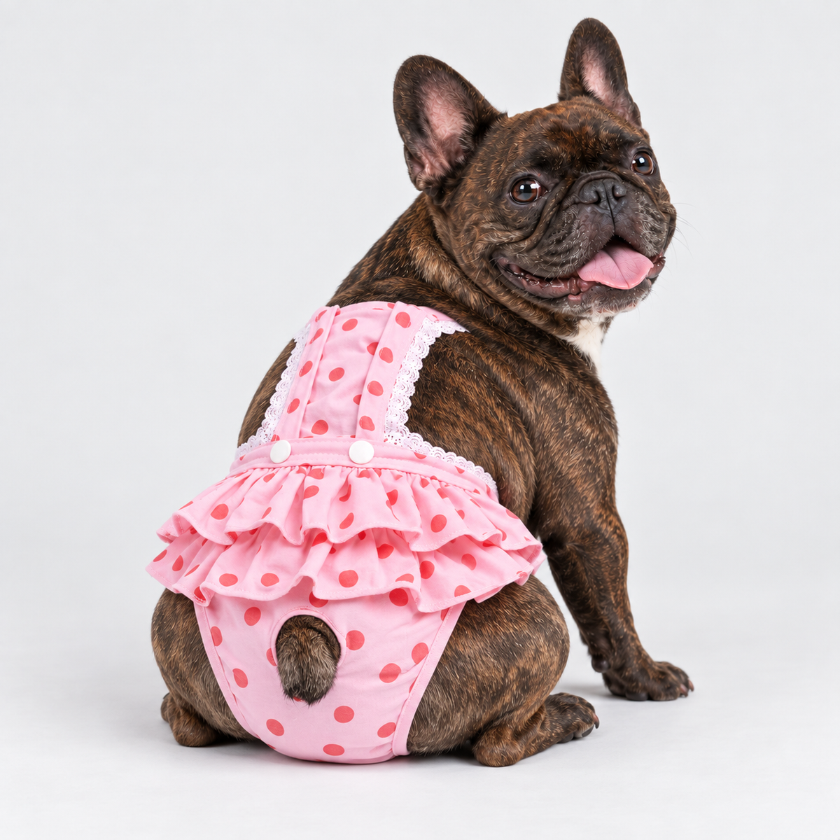 French Bulldog Washable Diaper Dress - Ruffled Dot Print Pink