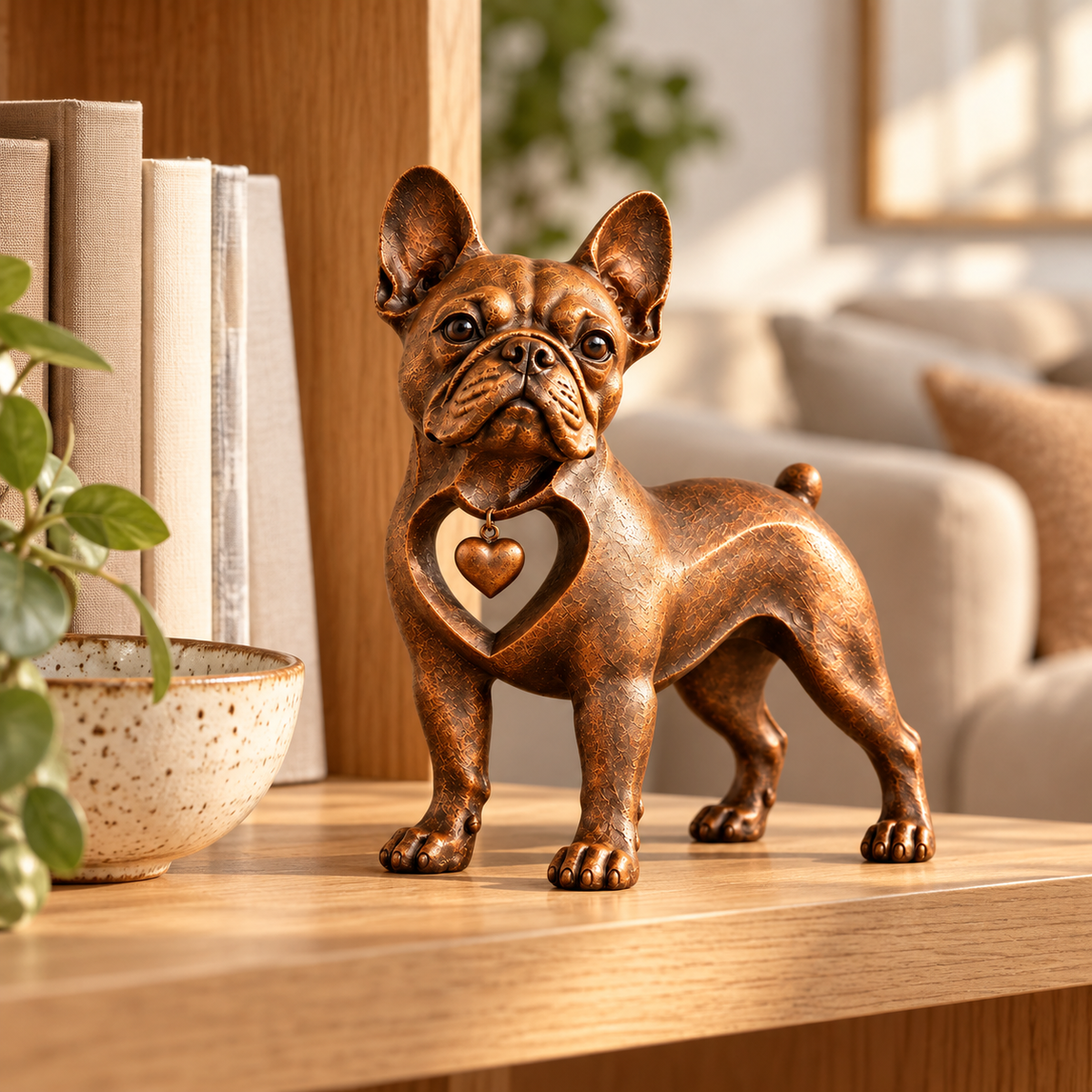 Bronze-tone French Bulldog heart sculpture displayed on a bookshelf as home decor