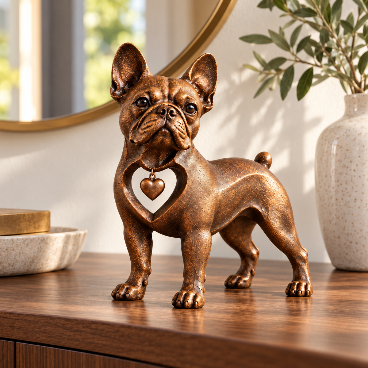 Bronze-tone French Bulldog heart sculpture displayed on a walnut console table as home decor