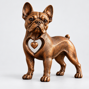 Bronze-tone French Bulldog resin sculpture with heart-shaped chest opening and hanging heart