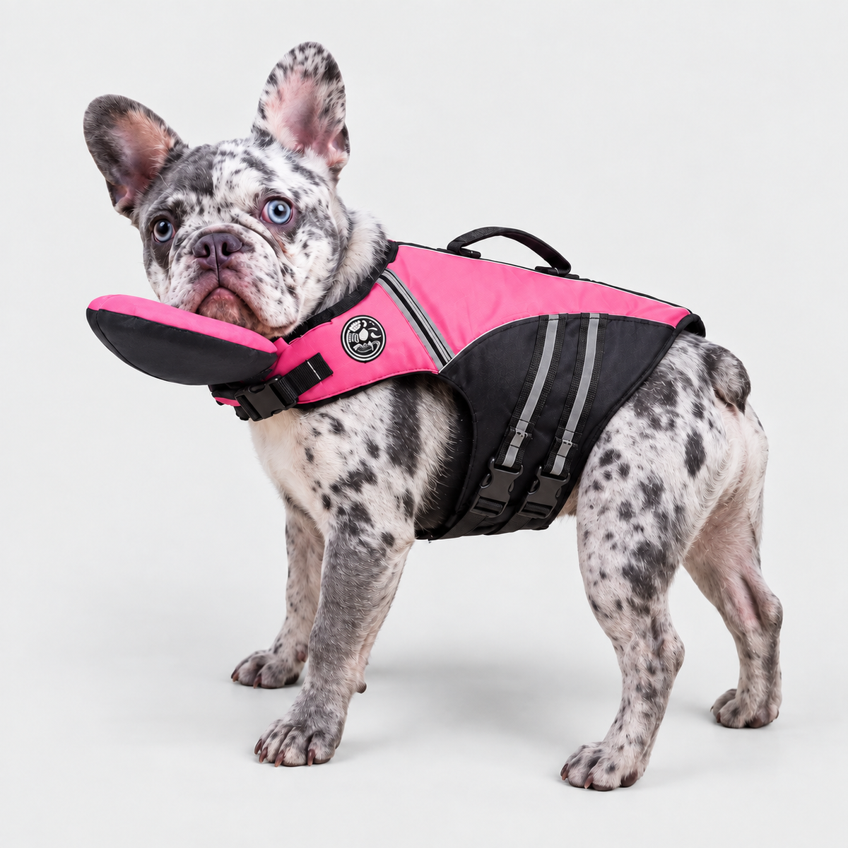 Merle French Bulldog wearing Pink AquaRes French Bulldog Life Jacket – Reflective Dog Swim Vest with Rescue Handle on light gray background