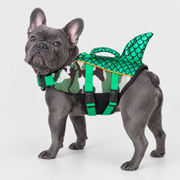 blue-gray French Bulldog wearing French Bulldog Reflective Scales Life Jacket on light gray studio background