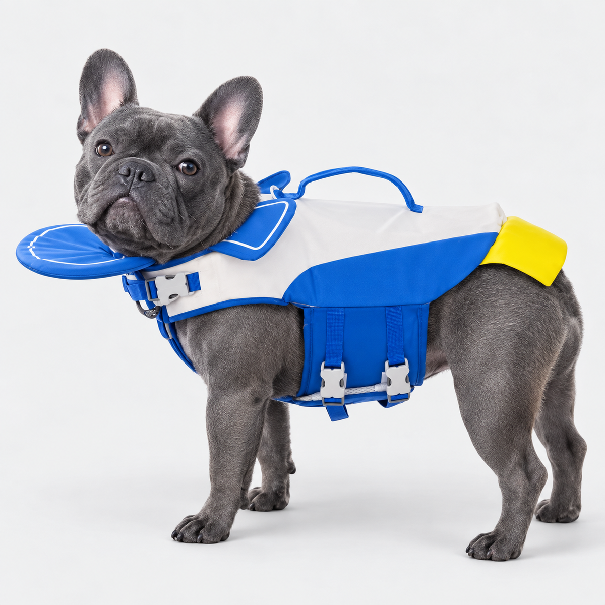 blue-gray French Bulldog wearing French Bulldog Penguin Life Jacket on light gray studio background