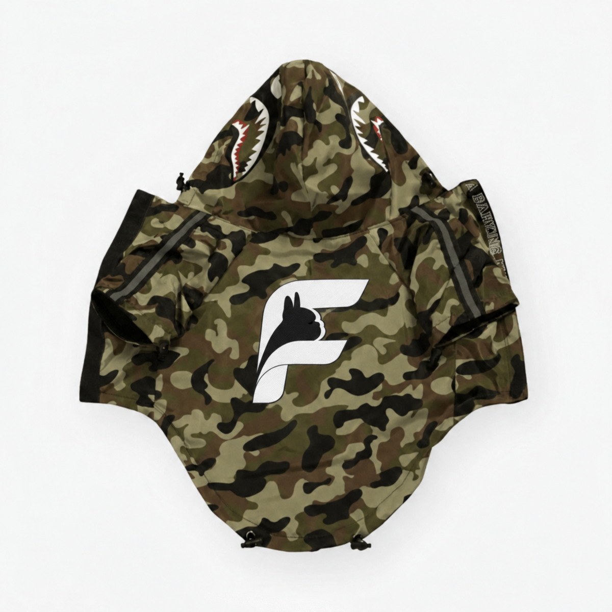 Mountain Quest Frenchie camouflage rain jacket with black and white F logo