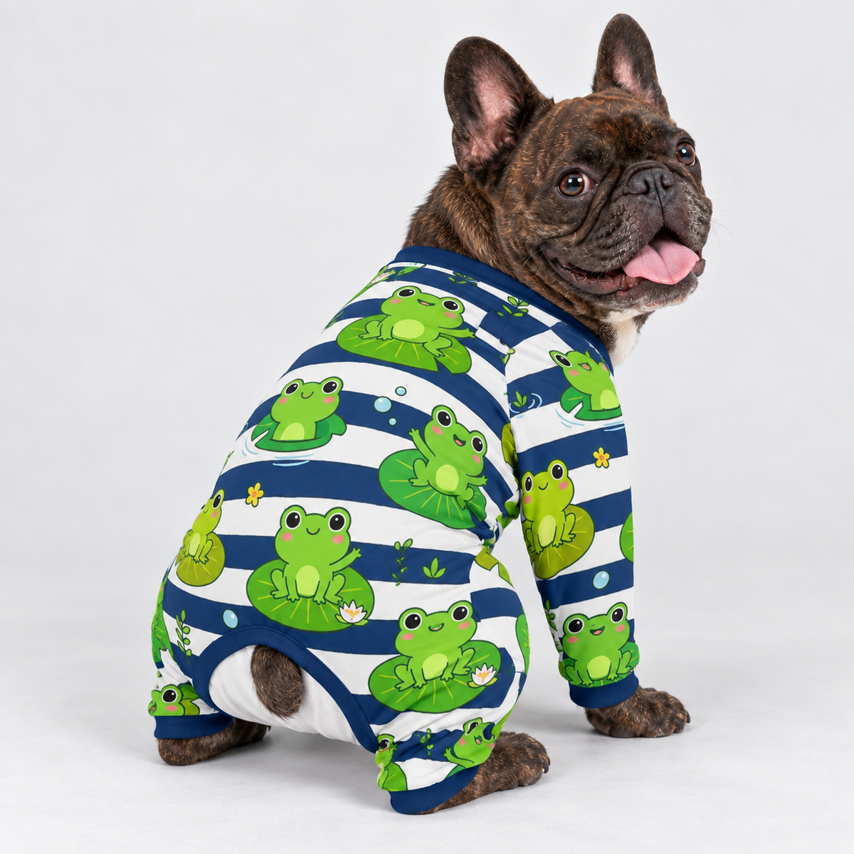 Striped Frog French Bulldog Pajamas - Soft Stretch Dog Sleepwear - hero view