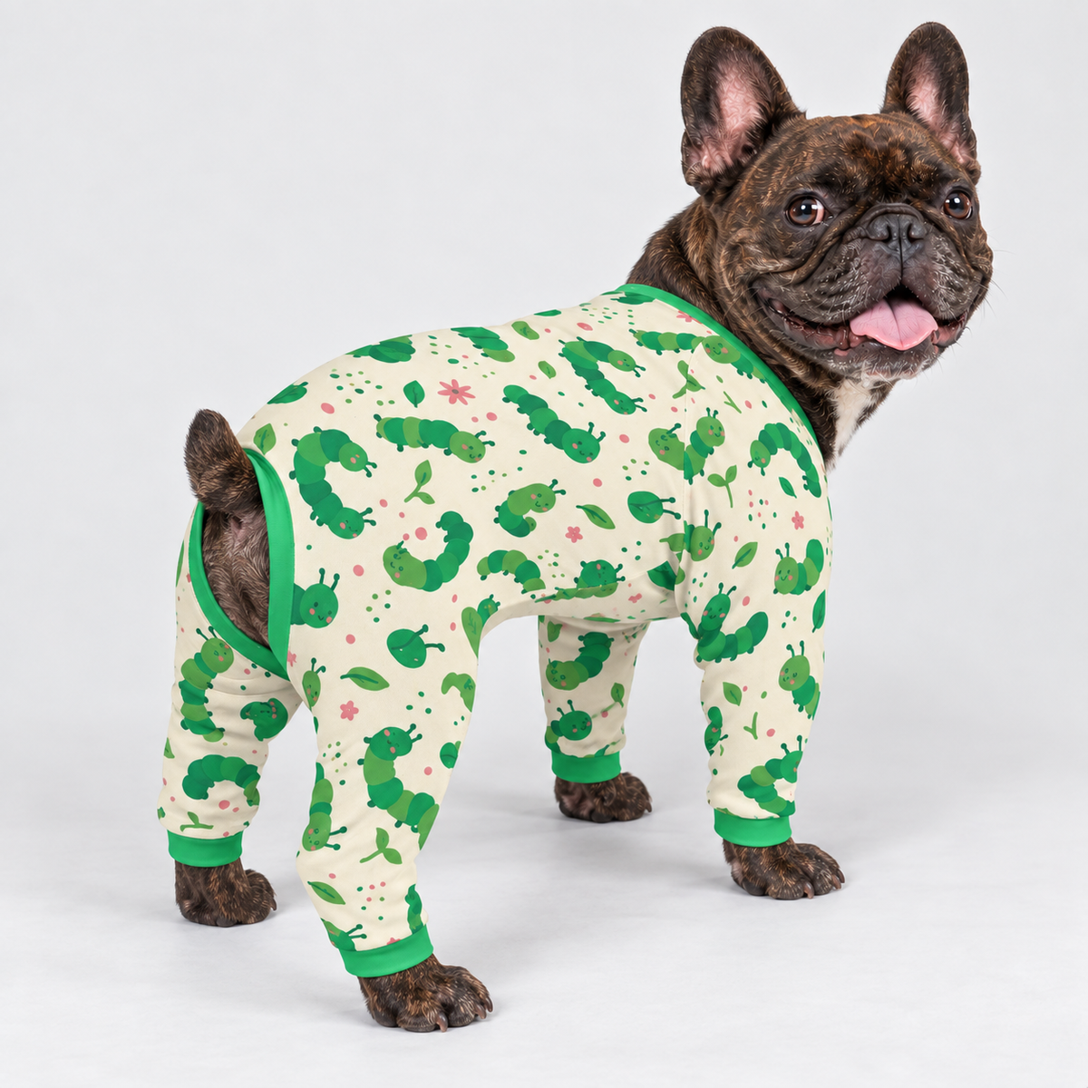 Green Caterpillar French Bulldog Pajamas - Soft Stretch Dog Sleepwear - second view