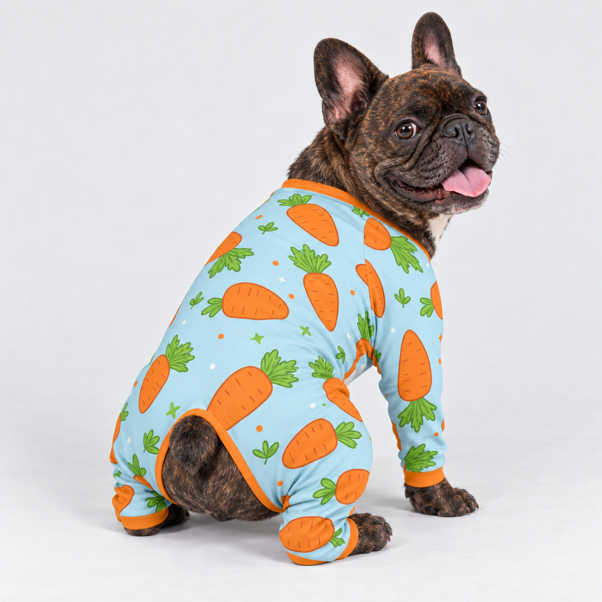 Playful Carrot French Bulldog Pajamas - Soft Stretch Dog Sleepwear - hero view
