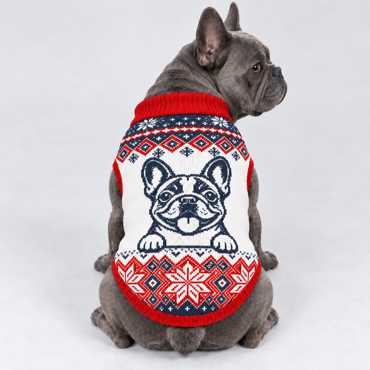 French Bulldog seated with back toward camera, head looking right, wearing pet knit sweater design 01