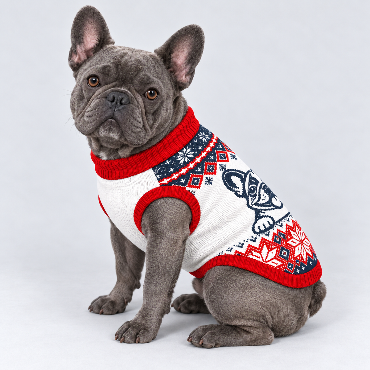 Blue-gray French Bulldog seated at a side three-quarter angle wearing Nordic pet knit sweater