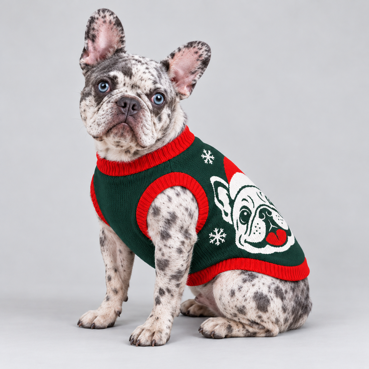 French Bulldog seated at a side three-quarter angle wearing pet knit sweater design 02