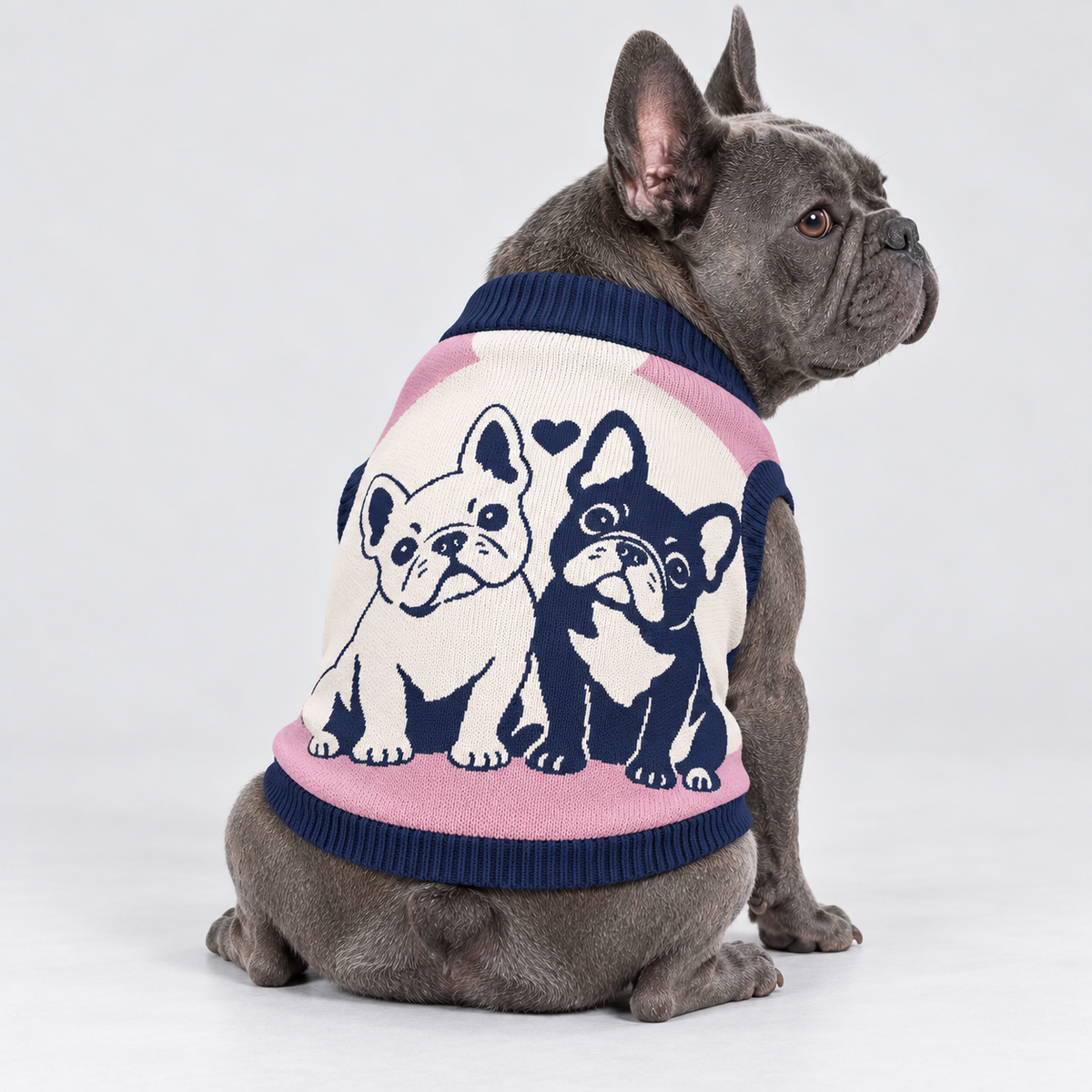 French Bulldog seated with its back toward camera and head looking right, wearing pet knit sweater design 03