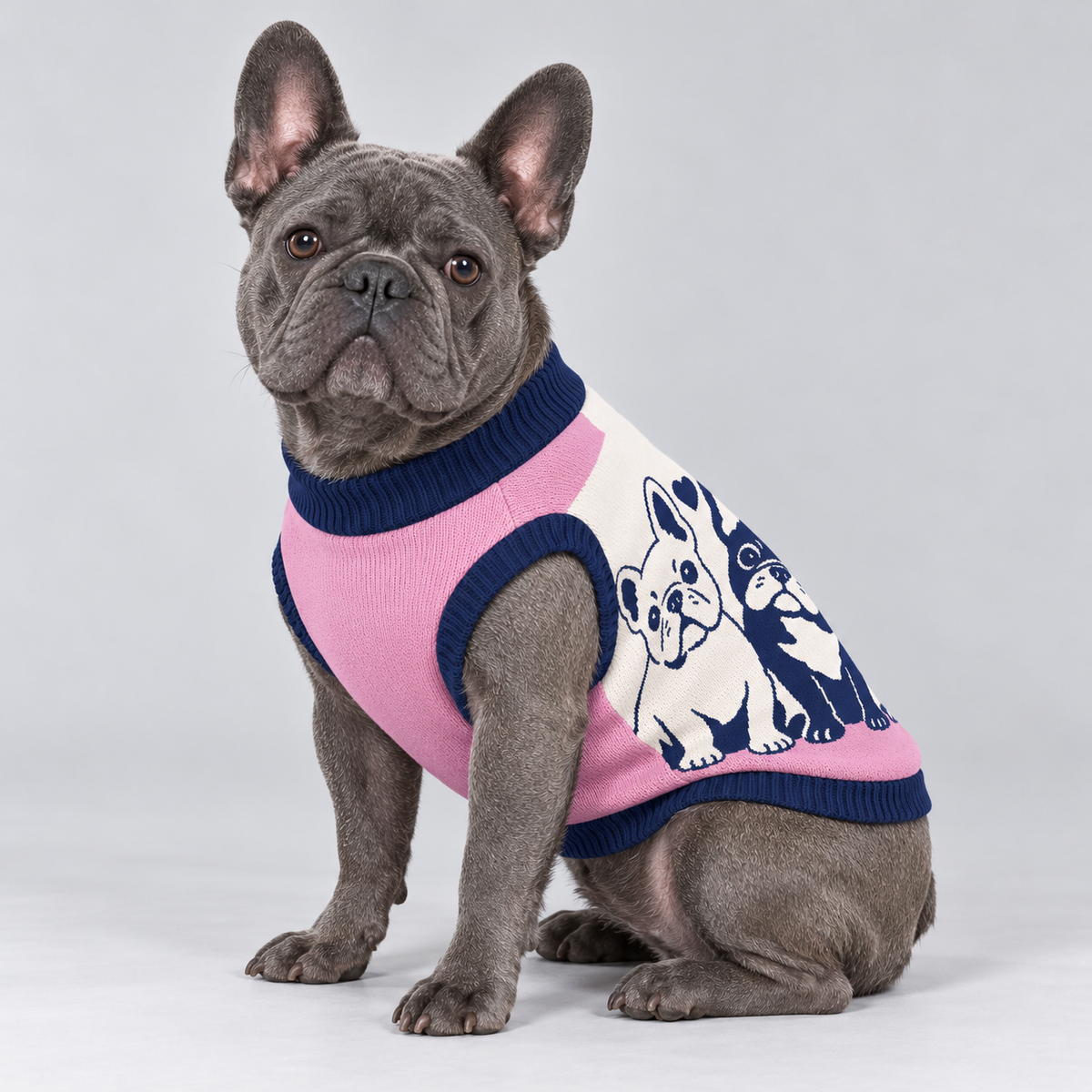 French Bulldog seated at a side three-quarter angle wearing pet knit sweater design 03