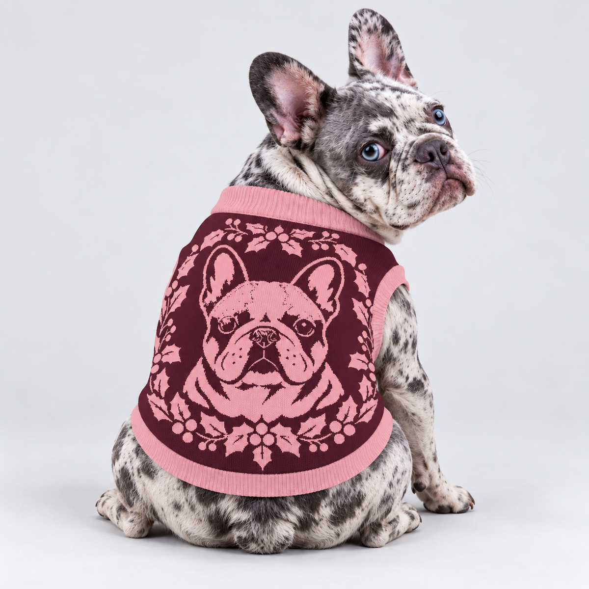 French Bulldog seated with its back toward camera and head looking right, wearing pet knit sweater design 04