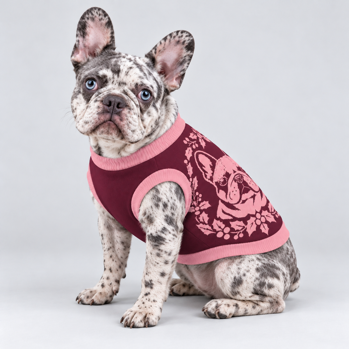 French Bulldog seated at a side three-quarter angle wearing pet knit sweater design 04