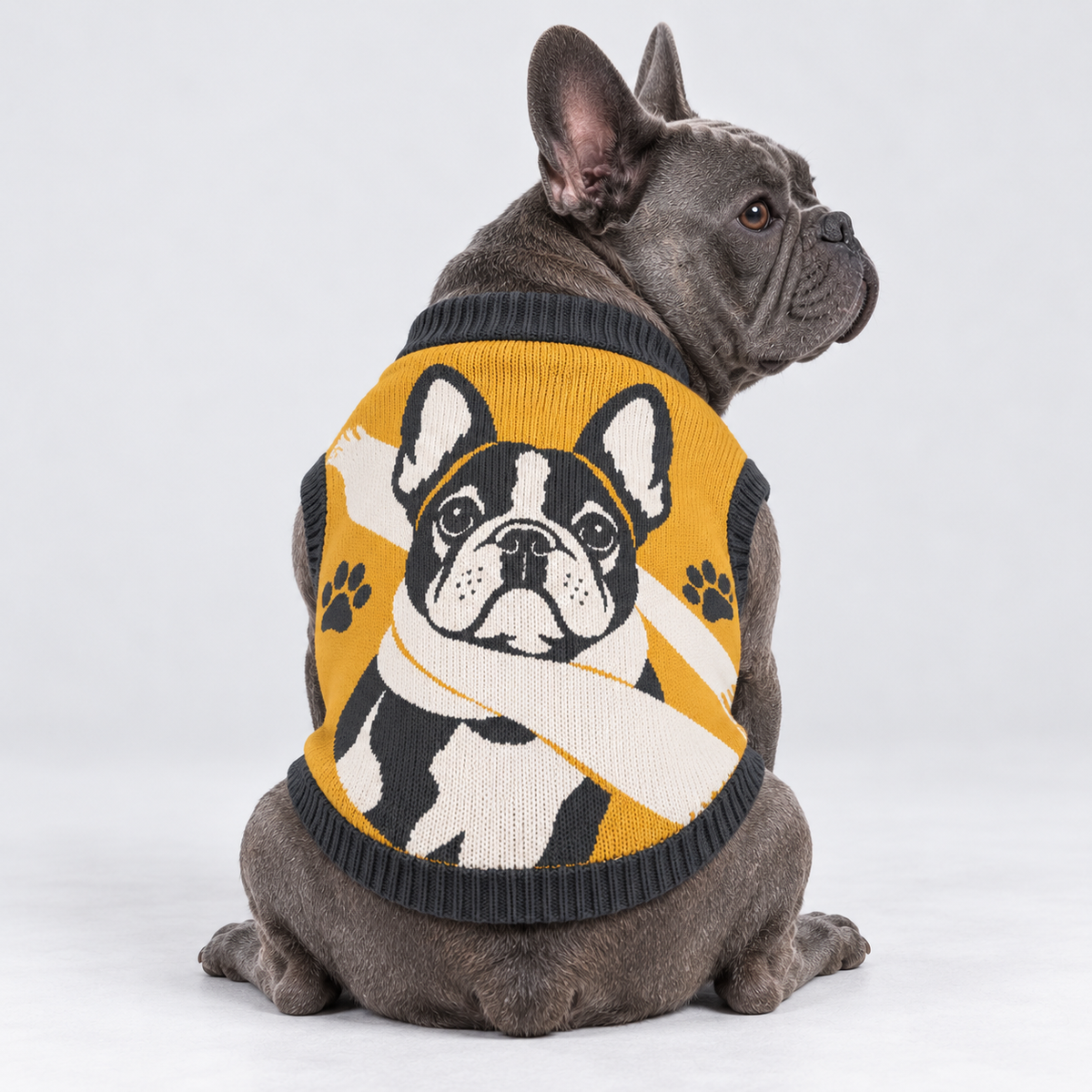 French Bulldog seated with its back toward camera and head looking right, wearing pet knit sweater design 05